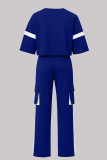 Blue Casual Solid Color Pocket Contrast O Neck Half Sleeve Two Pieces
