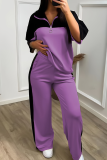 Skin Color Casual Zipper Contrast Zipper Collar Half Sleeve Two Pieces