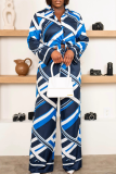 Blue Casual Print Strap Design Turndown Collar Long Sleeve Two Pieces