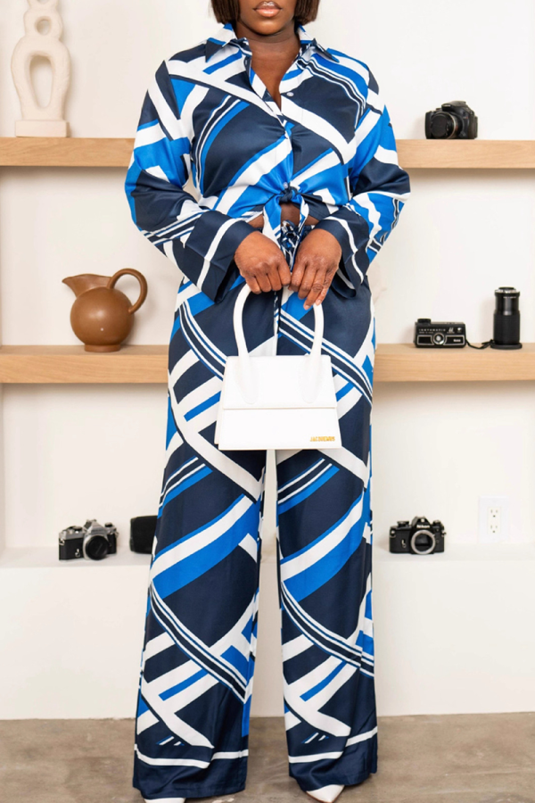 Blue Casual Print Strap Design Turndown Collar Long Sleeve Two Pieces