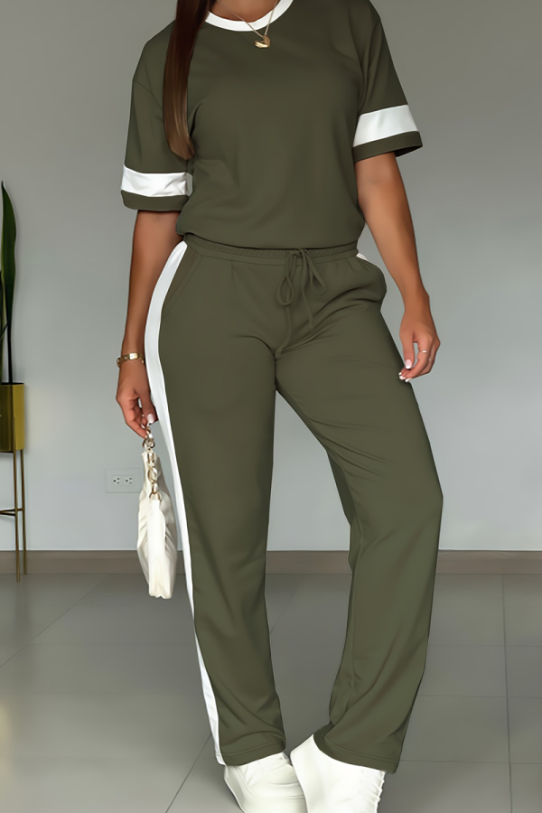Army Green Casual Solid Color Contrast O Neck Short Sleeve Two Pieces
