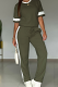 Army Green Casual Solid Color Contrast O Neck Short Sleeve Two Pieces