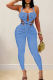 Blue Sexy Solid Color Hollow Out Halter Skinny Jumpsuits