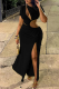 Black Sexy Solid Color Hollow Out Slit O Neck Long Dresses