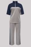 Skin Color Casual Zipper Contrast Zipper Collar Half Sleeve Two Pieces