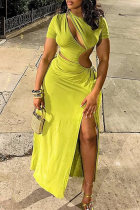 Green Yellow Sexy Solid Color Hollow Out Slit O Neck Long Dresses