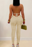 Orange Sexy Solid Color Hollow Out Halter Skinny Jumpsuits