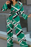 Blue Casual Print Strap Design Turndown Collar Long Sleeve Two Pieces