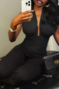 Black Sexy Solid Color Patchwork Deep V Neck Regular Jumpsuits