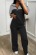 Black Casual Zipper Contrast Zipper Collar Half Sleeve Two Pieces