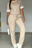 Pink Casual Solid Color Contrast O Neck Short Sleeve Two Pieces