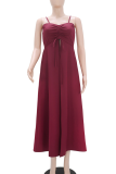 Burgundy Casual Solid Color Slit Spaghetti Strap Sleeveless Two Pieces