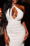 White Sexy Solid Color Hollow Out Backless Halter Long Dresses