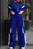 Blue Casual Solid Color Pocket Contrast O Neck Half Sleeve Two Pieces