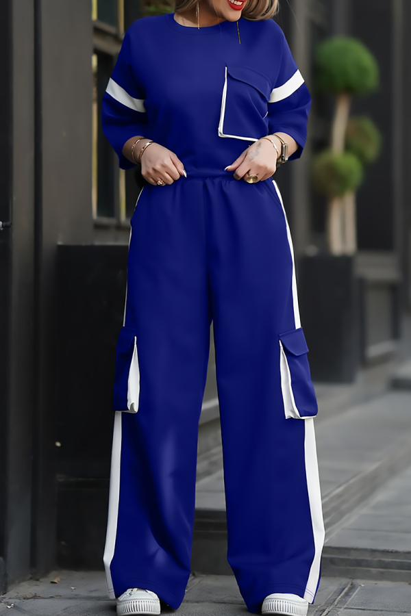 Blue Casual Solid Color Pocket Contrast O Neck Half Sleeve Two Pieces