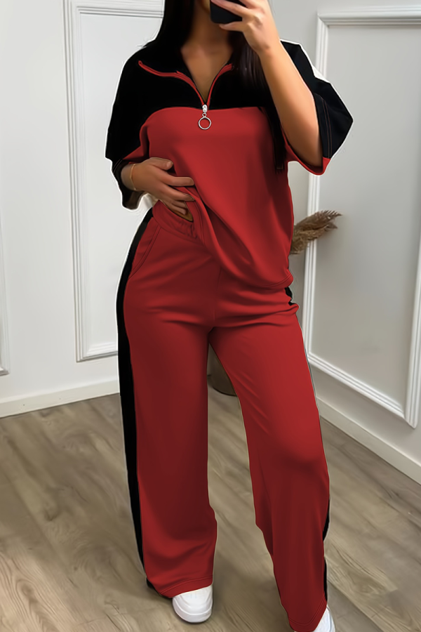 Red Casual Zipper Contrast Zipper Collar Half Sleeve Two Pieces