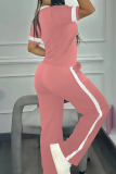 Pink Casual Solid Color Contrast O Neck Short Sleeve Two Pieces