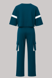 Blue Casual Solid Color Pocket Contrast O Neck Half Sleeve Two Pieces