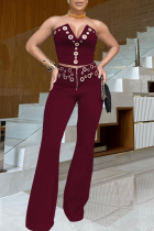 Burgundy Sexy Solid Color Hollow Out Zipper Strapless Sleeveless Two Pieces