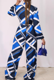Blue Casual Print Strap Design Turndown Collar Long Sleeve Two Pieces