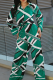 Green Casual Print Strap Design Turndown Collar Long Sleeve Two Pieces