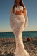 White Vacation Solid Color Lace O Neck Long Sleeve Two Pieces