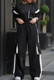 Blue Casual Solid Color Pocket Contrast O Neck Half Sleeve Two Pieces