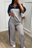 Skin Color Casual Zipper Contrast Zipper Collar Half Sleeve Two Pieces
