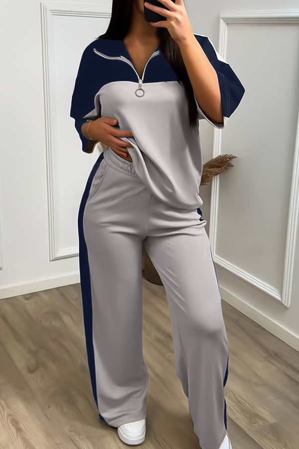 Dark Gray Casual Zipper Contrast Zipper Collar Half Sleeve Two Pieces