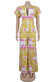 Yellow Casual Print Zipper O Neck Bodycon Jumpsuits