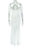 White Sexy Solid Color Hollow Out Backless Halter Long Dresses