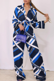 Blue Casual Print Strap Design Turndown Collar Long Sleeve Two Pieces