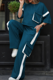 Blue Casual Solid Color Pocket Contrast O Neck Half Sleeve Two Pieces