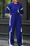 Blue Casual Solid Color Pocket Contrast O Neck Half Sleeve Two Pieces