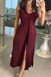 Burgundy Casual Solid Color Slit Spaghetti Strap Sleeveless Two Pieces