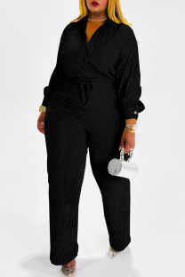 Black Casual Solid Color Draw String Turndown Collar Long Sleeve Two Pieces