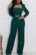 Ink Green Casual Solid Color Hollow Out Metal Accessories Trim O Neck Regular Jumpsuits