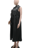 Black Casual Solid Color Strap Design Flower Shape O Neck Long Dresses