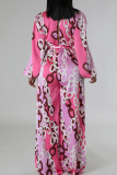Pink Casual Print Strap Design Deep V Neck Loose Jumpsuits