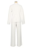 White Casual Solid Color Draw String Turndown Collar Long Sleeve Two Pieces