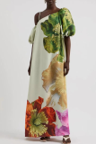 Colour Casual Vacation Print Backless Oblique Collar Long Dresses