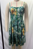 Tangerine Red Sexy Print Backless Spaghetti Strap A Line Dresses