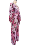 Pink Casual Print Strap Design Deep V Neck Loose Jumpsuits