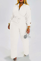 White Casual Solid Color Draw String Turndown Collar Long Sleeve Two Pieces