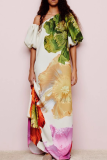 Colour Casual Vacation Print Backless Oblique Collar Long Dresses