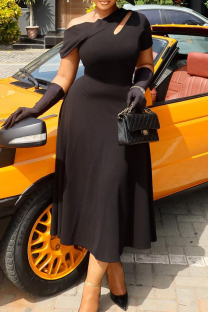 Black Elegant Solid Color Hollow Out Zipper Oblique Collar Long Plus Size Dresses