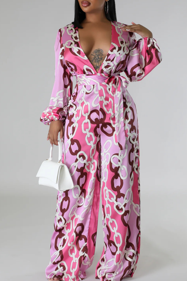 Pink Casual Print Strap Design Deep V Neck Loose Jumpsuits