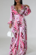 Pink Casual Print Strap Design Deep V Neck Loose Jumpsuits