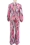 Pink Casual Print Strap Design Deep V Neck Loose Jumpsuits