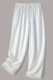 White Casual Solid Color Hollow Out Loose Mid Waist Conventional Patchwork Bottoms